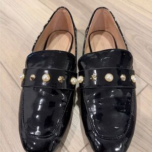 Nordstrom Black Patent Leather Loafers with Pearl and Gold Studs
